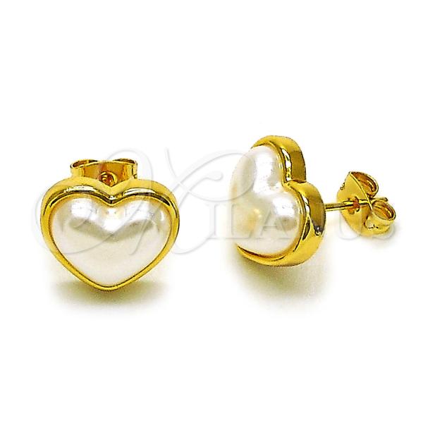 Oro Laminado Stud Earring, Gold Filled Style Heart Design, with Ivory Pearl, Polished, Golden Finish, 02.342.0356