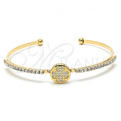 Oro Laminado Individual Bangle, Gold Filled Style Flower and Heart Design, with White and White Cubic Zirconia, Polished, Golden Finish, 07.97.0050 (03 MM Thickness, One size fits all)