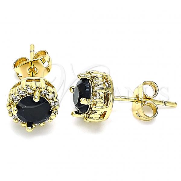 Oro Laminado Stud Earring, Gold Filled Style with Black Cubic Zirconia and White Micro Pave, Polished, Golden Finish, 02.342.0106