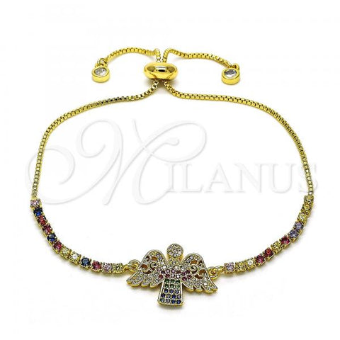Oro Laminado Adjustable Bolo Bracelet, Gold Filled Style Cross Design, with Multicolor Micro Pave and Multicolor Cubic Zirconia, Polished, Golden Finish, 03.299.0022.11