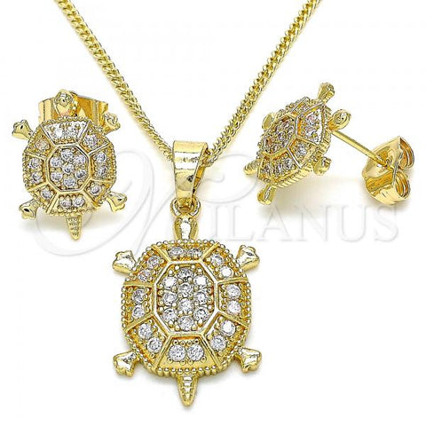 Oro Laminado Earring and Pendant Adult Set, Gold Filled Style Turtle Design, with White Micro Pave, Polished, Golden Finish, 10.210.0153