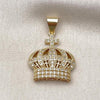 Oro Laminado Fancy Pendant, Gold Filled Style Crown Design, with Pink Micro Pave, Polished, Golden Finish, 05.342.0082