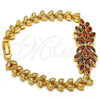 Oro Laminado Fancy Bracelet, Gold Filled Style Flower and Leaf Design, with Garnet and White Cubic Zirconia, Polished, Golden Finish, 03.206.0017.07