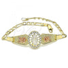 Oro Laminado Fancy Bracelet, Gold Filled Style Guadalupe and Flower Design, with White Crystal, Polished, Tricolor, 03.380.0085.08