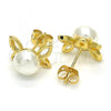 Oro Laminado Stud Earring, Gold Filled Style Butterfly and Ball Design, with Ivory Pearl, Polished, Golden Finish, 02.342.0053