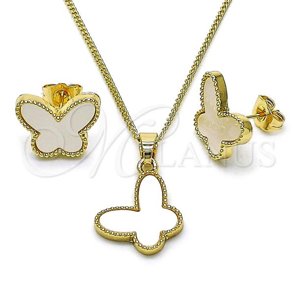 Oro Laminado Earring and Pendant Adult Set, Gold Filled Style Butterfly Design, with Ivory Mother of Pearl, Polished, Golden Finish, 10.283.0020.1