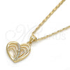Oro Laminado Pendant Necklace, Gold Filled Style Heart Design, with White Micro Pave, Polished, Golden Finish, 04.195.0033.20