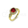 Oro Laminado Multi Stone Ring, Gold Filled Style Cluster and Flower Design, with Garnet Cubic Zirconia and White Micro Pave, Polished, Golden Finish, 01.284.0105.2