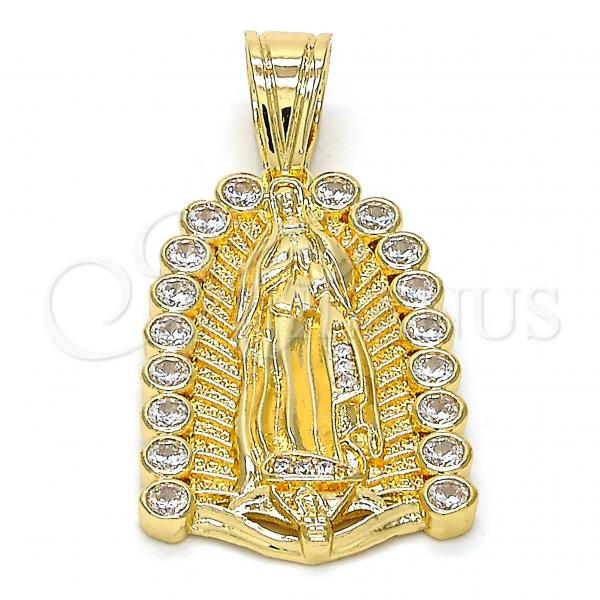 Oro Laminado Religious Pendant, Gold Filled Style Guadalupe Design, with White Cubic Zirconia, Polished, Golden Finish, 05.120.0019