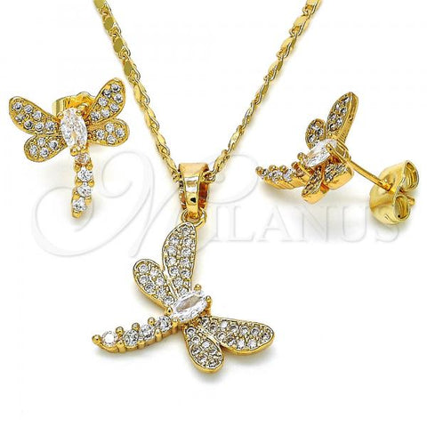 Oro Laminado Earring and Pendant Adult Set, Gold Filled Style Dragon-Fly Design, with White Cubic Zirconia, Polished, Golden Finish, 10.316.0034