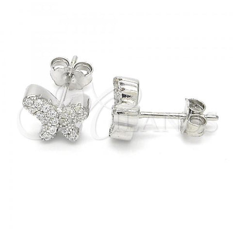 Sterling Silver Stud Earring, Butterfly Design, with White Cubic Zirconia, Polished, Rhodium Finish, 02.336.0004