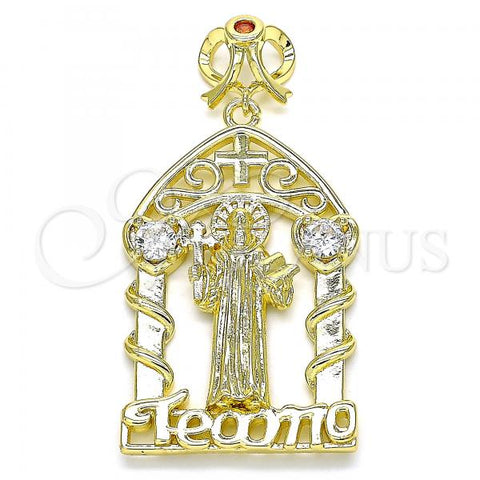 Oro Laminado Religious Pendant, Gold Filled Style San Benito and Heart Design, with White and Garnet Cubic Zirconia, Polished, Golden Finish, 05.253.0102