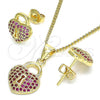Oro Laminado Earring and Pendant Adult Set, Gold Filled Style Lock and Heart Design, with Ruby Micro Pave, Polished, Golden Finish, 10.156.0246.1