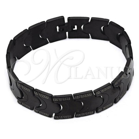 Stainless Steel Solid Bracelet, Greek Key Design, Polished, Black Rhodium Finish, 03.114.0221.2.09