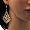 Oro Laminado Dangle Earring, Gold Filled Style Flower Design, with White Crystal, Polished, Golden Finish, 60.004