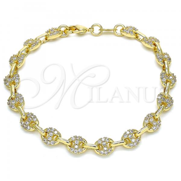 Oro Laminado Fancy Bracelet, Gold Filled Style Puff Mariner Design, with White Micro Pave, Polished, Golden Finish, 04.63.1401.08