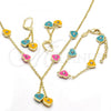 Oro Laminado Earring and Pendant Children Set, Gold Filled Style Heart Design, with White Crystal, Multicolor Enamel Finish, Golden Finish, 06.60.0003.4
