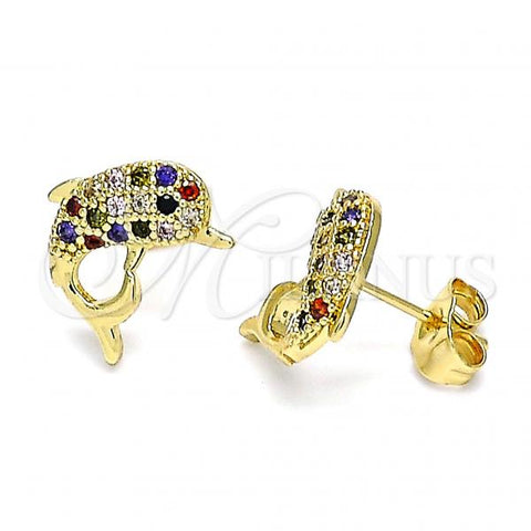 Oro Laminado Stud Earring, Gold Filled Style Dolphin Design, with Multicolor Micro Pave, Polished, Golden Finish, 02.195.0088.2