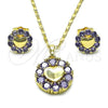 Oro Laminado Earring and Pendant Adult Set, Gold Filled Style Heart Design, with Amethyst Cubic Zirconia, Polished, Golden Finish, 10.196.0149