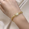 Oro Laminado Basic Bracelet, Gold Filled Style Miami Cuban Design, with White Micro Pave, Polished, Golden Finish, 04.156.0466.08