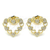 Oro Laminado Stud Earring, Gold Filled Style Heart Design, with White Micro Pave, Polished, Golden Finish, 02.156.0497