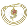 Oro Laminado Pendant Necklace, Gold Filled Style Flower Design, with White Crystal, Red Enamel Finish, Golden Finish, 04.253.0015.20