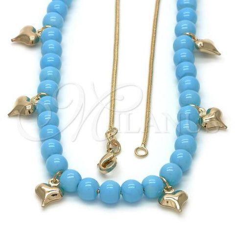 Oro Laminado Pendant Necklace, Gold Filled Style Heart and Rat Tail Design, Blue Resin Finish, Golden Finish, 04.32.0008.18