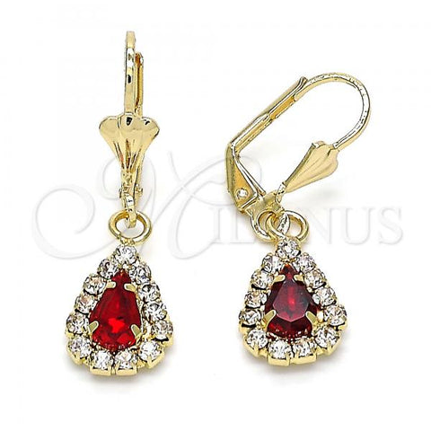 Oro Laminado Dangle Earring, Gold Filled Style Teardrop Design, with Garnet and White Crystal, Polished, Golden Finish, 02.122.0116