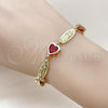 Oro Laminado Fancy Bracelet, Gold Filled Style Guadalupe and Heart Design, with Garnet Cubic Zirconia, Polished, Golden Finish, 03.423.0001.1.07