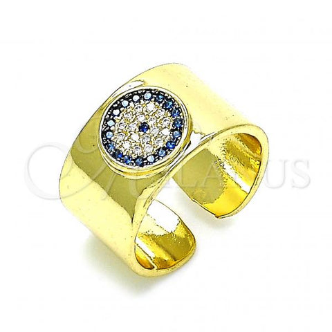 Oro Laminado Multi Stone Ring, Gold Filled Style Evil Eye Design, with Blue Topaz and White Micro Pave, Polished, Golden Finish, 01.341.0033