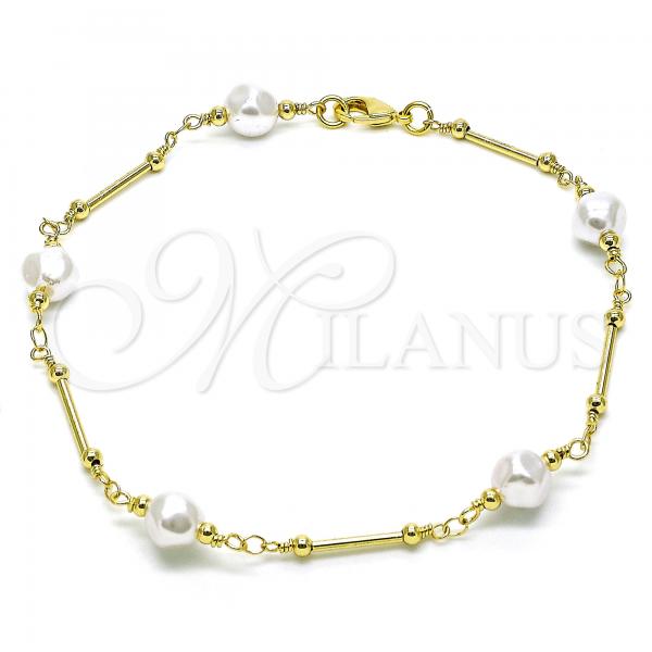 Oro Laminado Fancy Anklet, Gold Filled Style Ball and Love Knot Design, with Ivory Pearl, Polished, Golden Finish, 03.386.0022.10