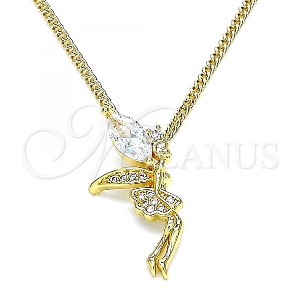 Oro Laminado Pendant Necklace, Gold Filled Style Angel Design, with White Cubic Zirconia and White Micro Pave, Polished, Golden Finish, 04.156.0459.20