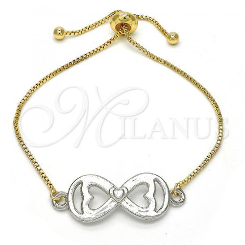 Oro Laminado Adjustable Bolo Bracelet, Gold Filled Style Infinite and Heart Design, Polished, Two Tone, 03.63.1839.10
