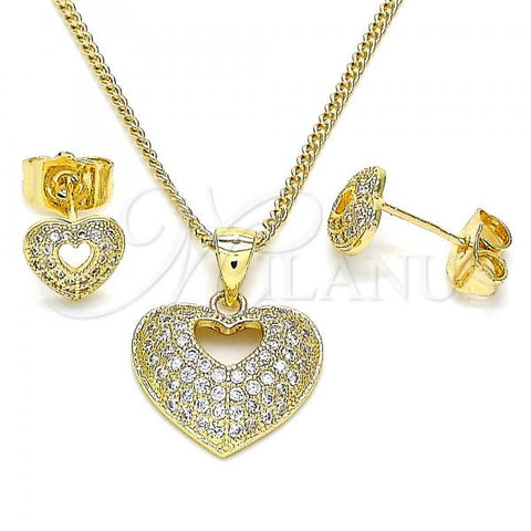 Oro Laminado Earring and Pendant Adult Set, Gold Filled Style Heart Design, with White Micro Pave, Polished, Golden Finish, 10.156.0411