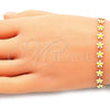 Oro Laminado Fancy Bracelet, Gold Filled Style Flower Design, White Enamel Finish, Golden Finish, 03.386.0008.07