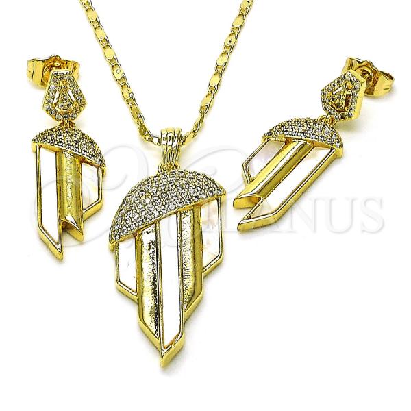 Oro Laminado Earring and Pendant Adult Set, Gold Filled Style with Ivory Mother of Pearl and White Micro Pave, Polished, Golden Finish, 10.196.0107