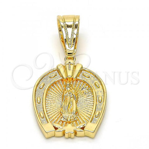 Oro Laminado Religious Pendant, Gold Filled Style Guadalupe and Flower Design, Polished, Golden Finish, 05.120.0086