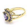 Oro Laminado Multi Stone Ring, Gold Filled Style Heart Design, with Amethyst Cubic Zirconia, Polished, Golden Finish, 01.346.0018.5.09