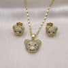Oro Laminado Earring and Pendant Adult Set, Gold Filled Style Teddy Bear Design, with White and Black Micro Pave, Polished, Golden Finish, 10.267.0001
