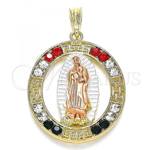 Oro Laminado Religious Pendant, Gold Filled Style Guadalupe and Greek Key Design, with Multicolor Crystal, Polished, Tricolor, 05.380.0036.1