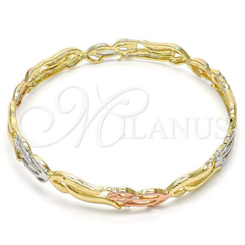 Oro Laminado Individual Bangle, Gold Filled Style Flower Design, Diamond Cutting Finish, Tricolor, 5.231.005.05 (08 MM Thickness, Size 5 - 2.50 Diameter)