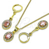 Oro Laminado Earring and Pendant Adult Set, Gold Filled Style with Pink Cubic Zirconia and White Micro Pave, Polished, Golden Finish, 10.387.0007