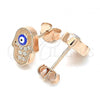 Sterling Silver Stud Earring, Hand of God and Evil Eye Design, with White Cubic Zirconia, Blue Enamel Finish, Rose Gold Finish, 02.336.0152.1