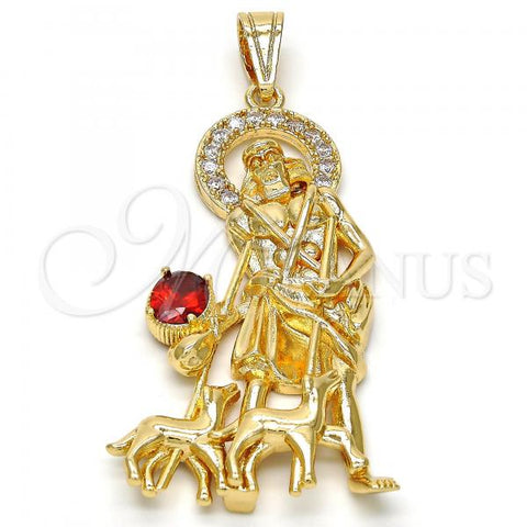Oro Laminado Religious Pendant, Gold Filled Style San Lazaro Design, with White and Garnet Cubic Zirconia, Polished, Golden Finish, 05.120.0037