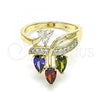 Oro Laminado Multi Stone Ring, Gold Filled Style Teardrop Design, with Multicolor Cubic Zirconia and White Micro Pave, Polished, Golden Finish, 01.210.0138.07