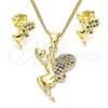 Oro Laminado Earring and Pendant Adult Set, Gold Filled Style Angel and Heart Design, with Multicolor Micro Pave, Polished, Golden Finish, 10.156.0264.3
