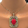 Oro Laminado Earring and Pendant Adult Set, Gold Filled Style with Ruby Opal and White Crystal, Resin Finish, Golden Finish, 10.262.0007.3