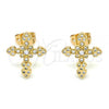 Oro Laminado Stud Earring, Gold Filled Style Cross Design, with White Micro Pave, Polished, Golden Finish, 02.213.0300