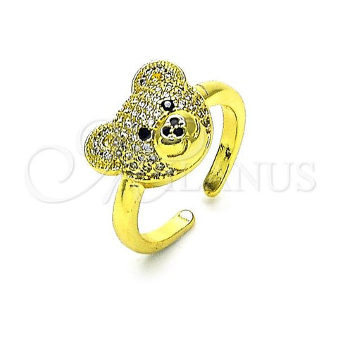 Oro Laminado Multi Stone Ring, Gold Filled Style Teddy Bear and Solitaire Design, with White and Black Micro Pave, Polished, Golden Finish, 01.341.0102