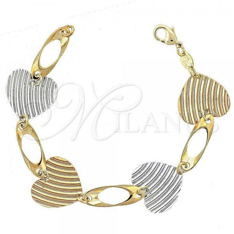 Oro Laminado Fancy Bracelet, Gold Filled Style Heart Design, Diamond Cutting Finish, Tricolor, 5.032.003